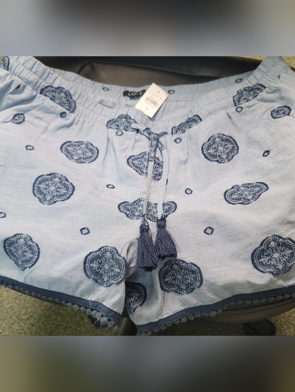 LOFT Light Blue Printed Tassel Shorts with pockets